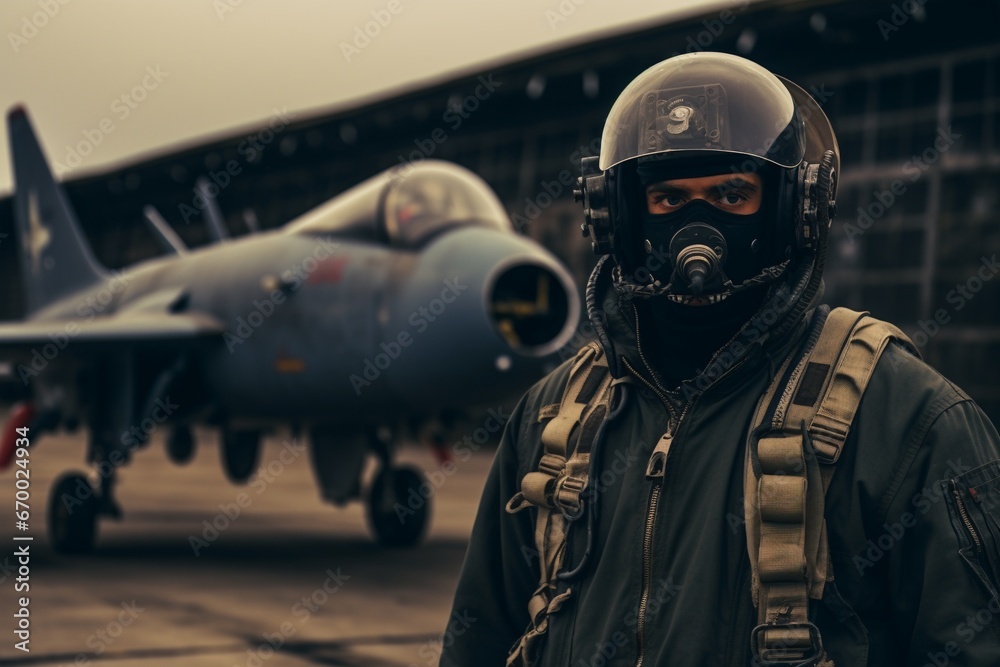 Fototapeta premium Military Fighter Pilot on Airfield - Aviator Gear Close-up