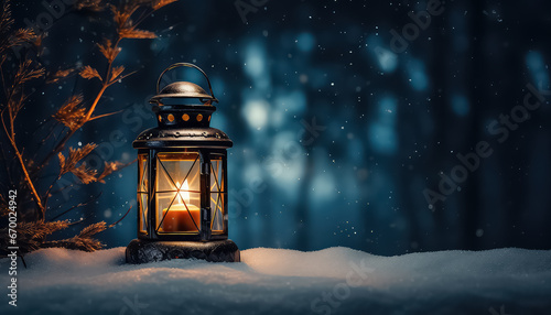 Cozy old lantern on the table in the new year or Christmas