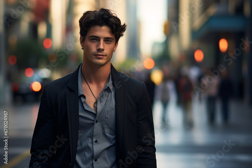 Portrait of a young man walking in the city