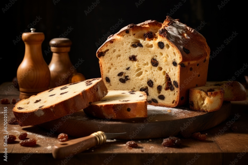 Panettone bakery food on wooden board. Cuisine pastry festive dessert cake. Generate Ai Panettone bakery food on wooden board. Cuisine pastry festive dessert cake. Generate Ai