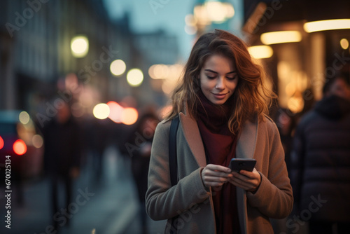 Portrait of a young woman on the busy streets of London downtown in the evening, texting for a cab