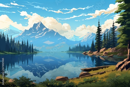 Scenic pixel artwork showing a serene lake surrounded by majestic mountains. Generative AI