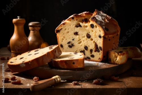 Panettone bakery food on wooden board. Cuisine pastry festive dessert cake. Generate Ai