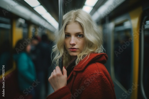 Portrait of an adult woman holding the handgrip on the subway train