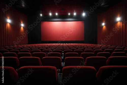 an inside view of empty theater with row of seats