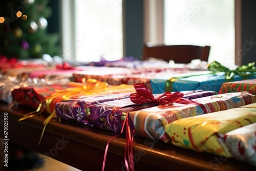 a row of wrapped presents on a table
