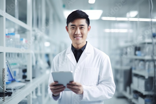 Portrait of Asian young man in white coat holding digital tablet smiling at camera while standing in the lab