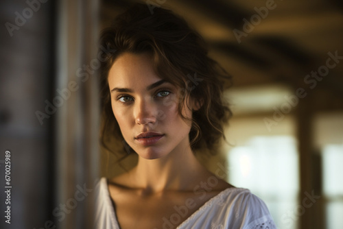Portrait of Beautiful emotional woman with natural make-up looking at the mirror