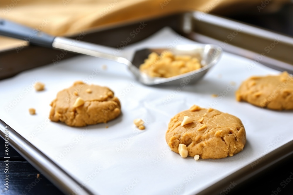 two cookies separated by a spoon on a baking tray