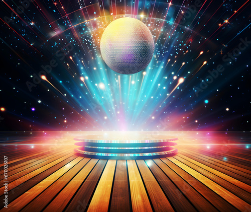 Wooden floor and a podium with a disco ball for mockup on the background of a multicolored bright wall photo