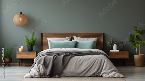 Bellissima camera da letto con toni grigio verdi scuri e atmosfera elegante e minimalista photo