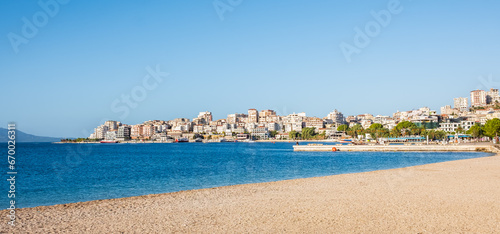 Saranda. Albania. Panorama of the city. Promenade. City Port. City beach. The Ionian Sea. Albanian Riviera.