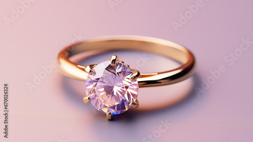 gold ring with a diamond stone on a pastel pink background. copy space