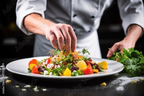hand placing a truffle into a gourmet fresh vegetable salad