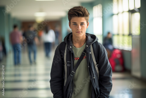 Portrait of confident high school student in corridor