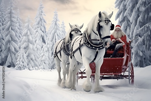 white horse in winter snow and Snata Claus