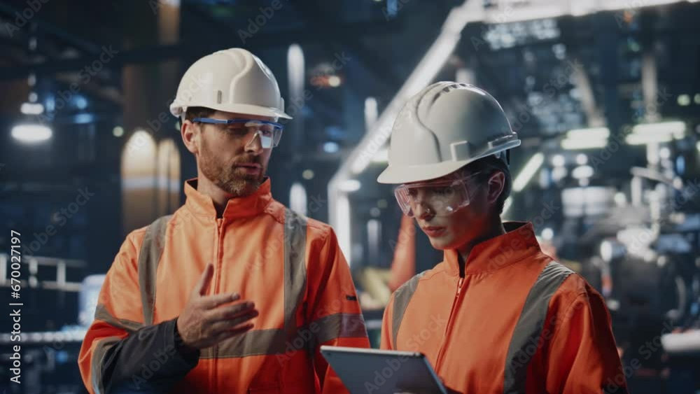 Smart factory technician explaining production woman with tablet close up. Smart factory technician explaining production woman with tablet close up.