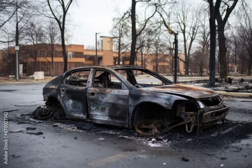 burned-out car in an empty parking lot
