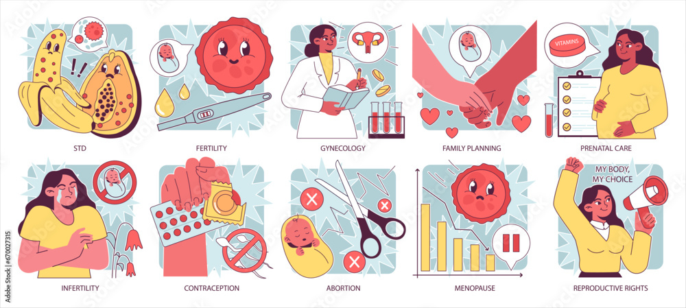 Reproductive health set. Pregnancy monitoring and gynecology disease diagnosis. Family planning and prenatal care. Female empowerment, abortion and contraception. Flat vector illustration