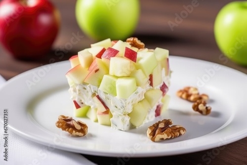 placing a serving of waldorf salad on a white plate