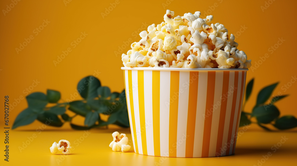 Striped box with popcorn on yellow background