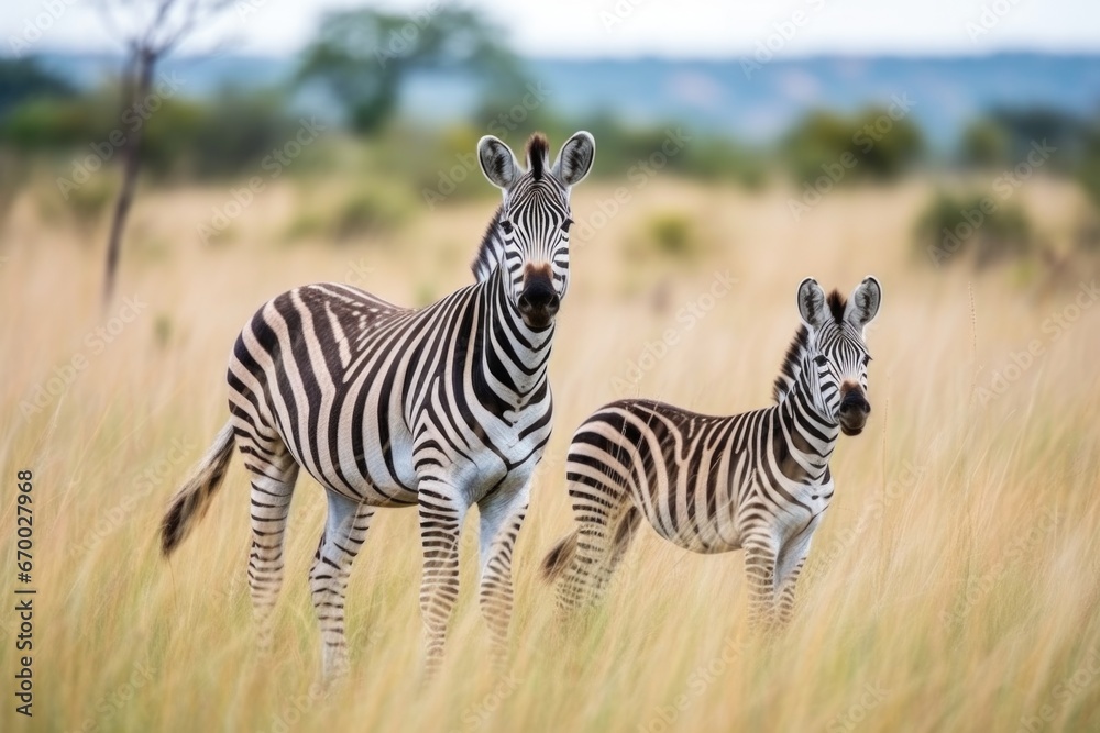 Fototapeta premium zebras grazing on green grassland