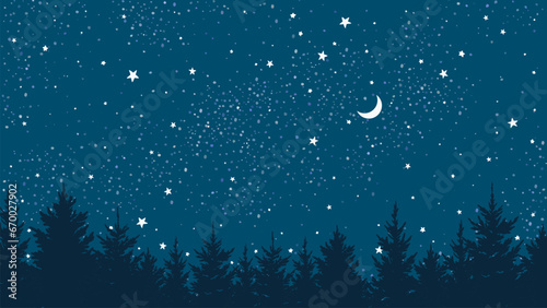Winter night forest with snow beautiful landscape silhouette of Christmas trees