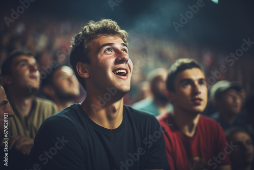 Portrait of Man with friends watching a soccer match at stadium