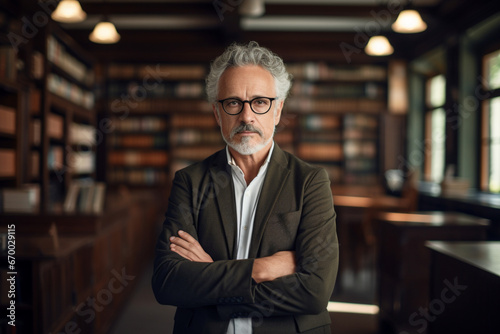 Portrait of mature professor with crossed arms standing in university library and looking at camera © alisaaa