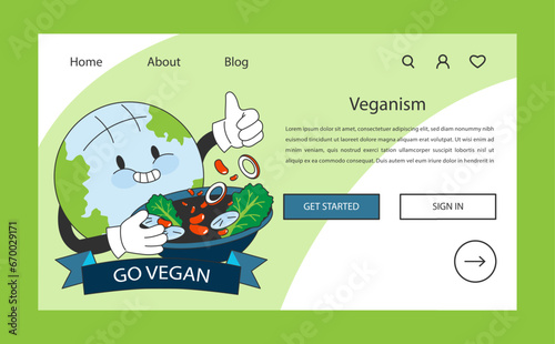 World vegan day web banner or landing page. Happy planet with organic vegetables, greens, plants or fruits. Cruelty free plant-based diet with with nutrition and vitamins. Flat vector illustration