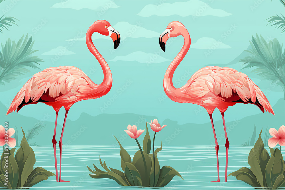 Fototapeta premium AI Illustration of tropical wallpaper design with exotic leaves, flamingos and flowers. Hummingbird. Paper texture background. Seamless texture.