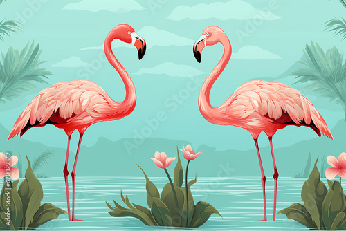 AI Illustration of tropical wallpaper design with exotic leaves  flamingos and flowers. Hummingbird. Paper texture background. Seamless texture.