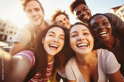 Portrait of Multi ethnic guys and girls taking selfie outdoors with backlight - Happy life style friendship concept on young multicultural people having fun day together © alisaaa