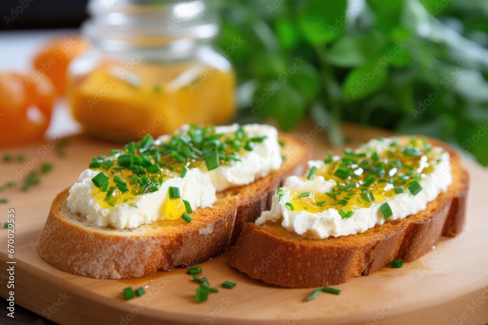 closeup of warm goat cheese bruschetta topped with fresh chives closeup of warm goat cheese bruschetta topped with fresh chives