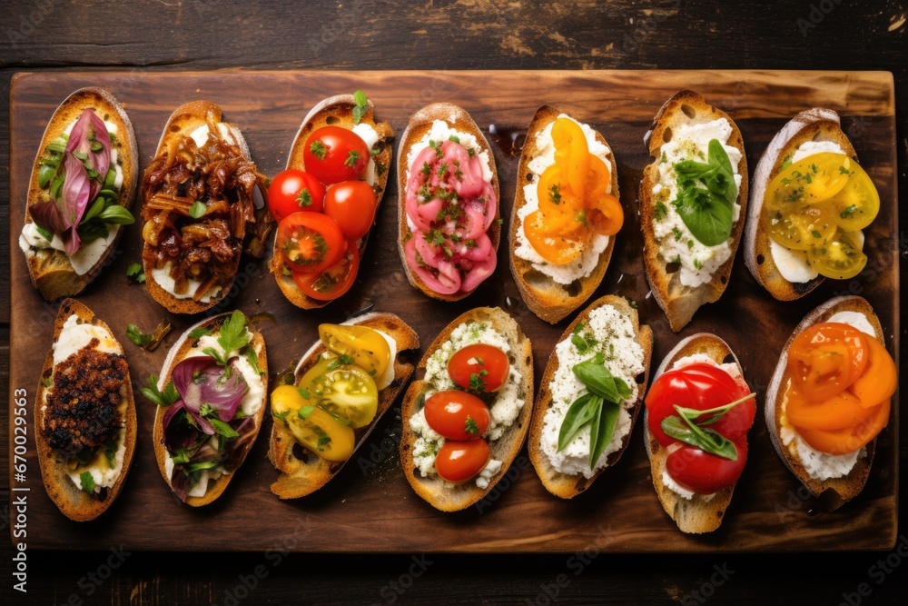 image of a horizontal array of different types of goat cheese bruschetta