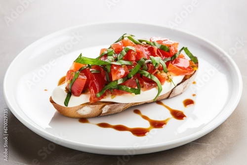 bruschetta with fresh mozzarella and basil on white plate