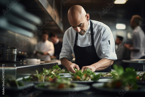 Portrait of Professional chef checks dish just before serving it to customer in restaurant