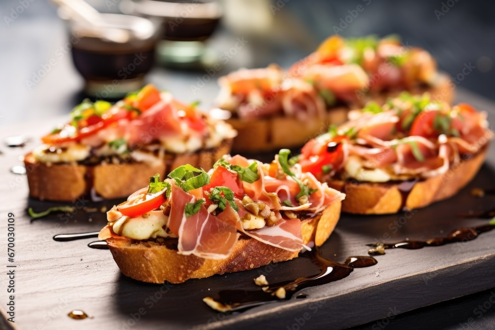 prosciutto bruschetta with visible grill marks served on a stone countertop prosciutto bruschetta with visible grill marks served on a stone countertop