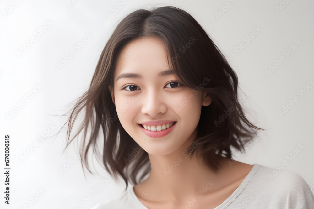 Beautiful Asian Woman, Close up on her face with Smooth skin look at the camera on a White background in Studio light. generative AI