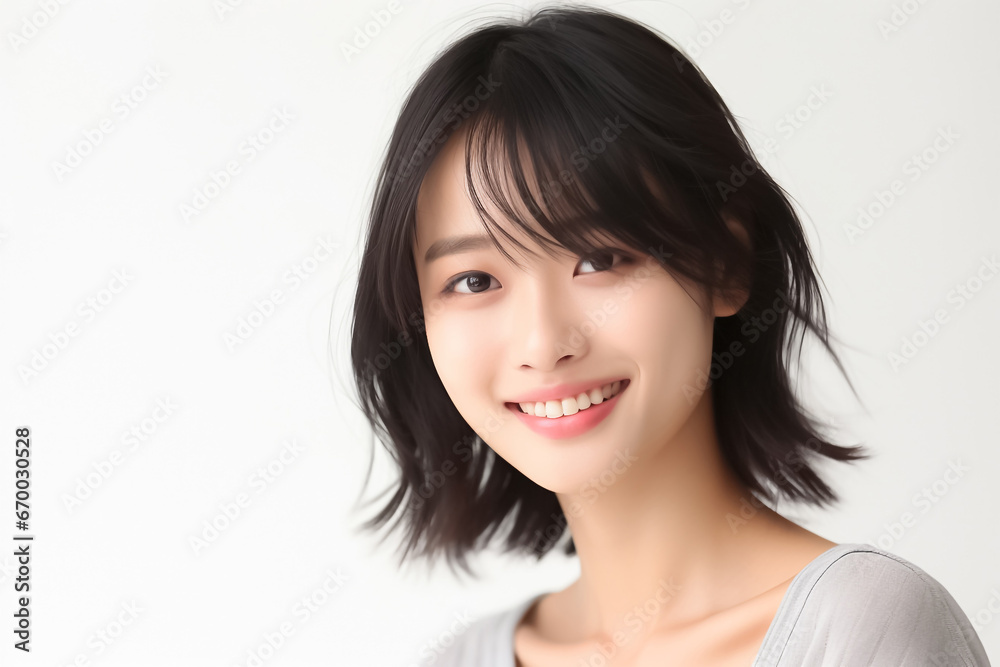 Beautiful Asian Woman, Close up on her face with Smooth skin look at the camera on a White background in Studio light. generative AI Beautiful Asian Woman, Close up on her face with Smooth skin look at the camera on a White background in Studio light. generative AI