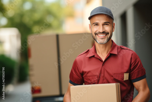 Portrait of Smiling delivery man in uniform holding cardboard box looking at camera © alisaaa