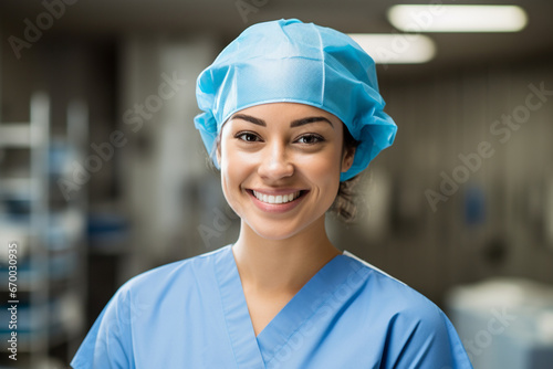Portrait of smiling female surgical nurse wearing blue surgical cap and scrubs © alisaaa