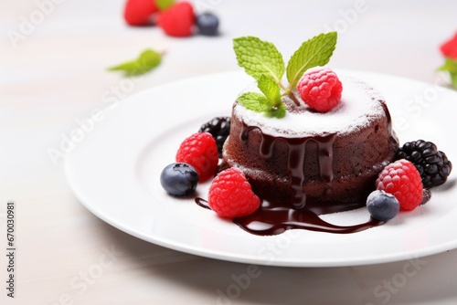 Plate with delicious chocolate fondant berries gourmet. Sugar dessert diet dish. Generate Ai