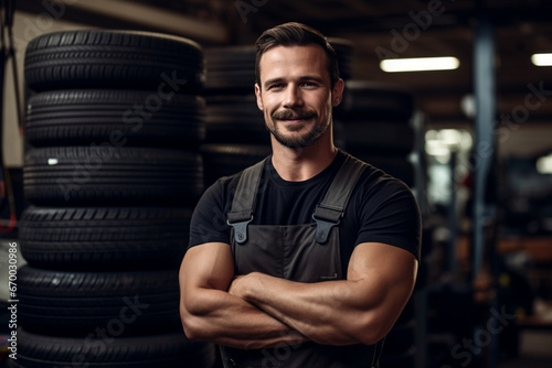 Portrait of smiling mechanic holding tire in auto repair shop