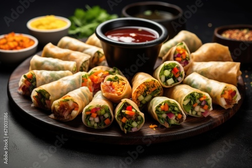 an array of spring rolls with different fillings on a steel plate