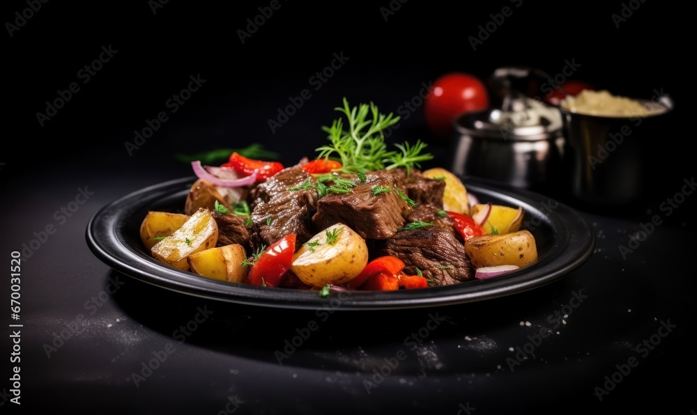 beef with vegetables in a black plate. 