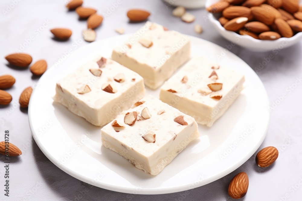 almond protein bars laid out on a square white plate