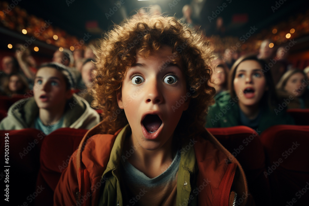 A teenager with curly hair is watching a movie in the cinema, he is very surprised. Emotions and pleasure concept. 