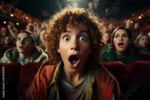 A teenager with curly hair is watching a movie in the cinema, he is very surprised. Emotions and pleasure concept. 