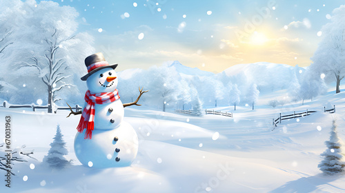 snowman in the snow cute Little Snowman with a Knitted Hat AI Generative 